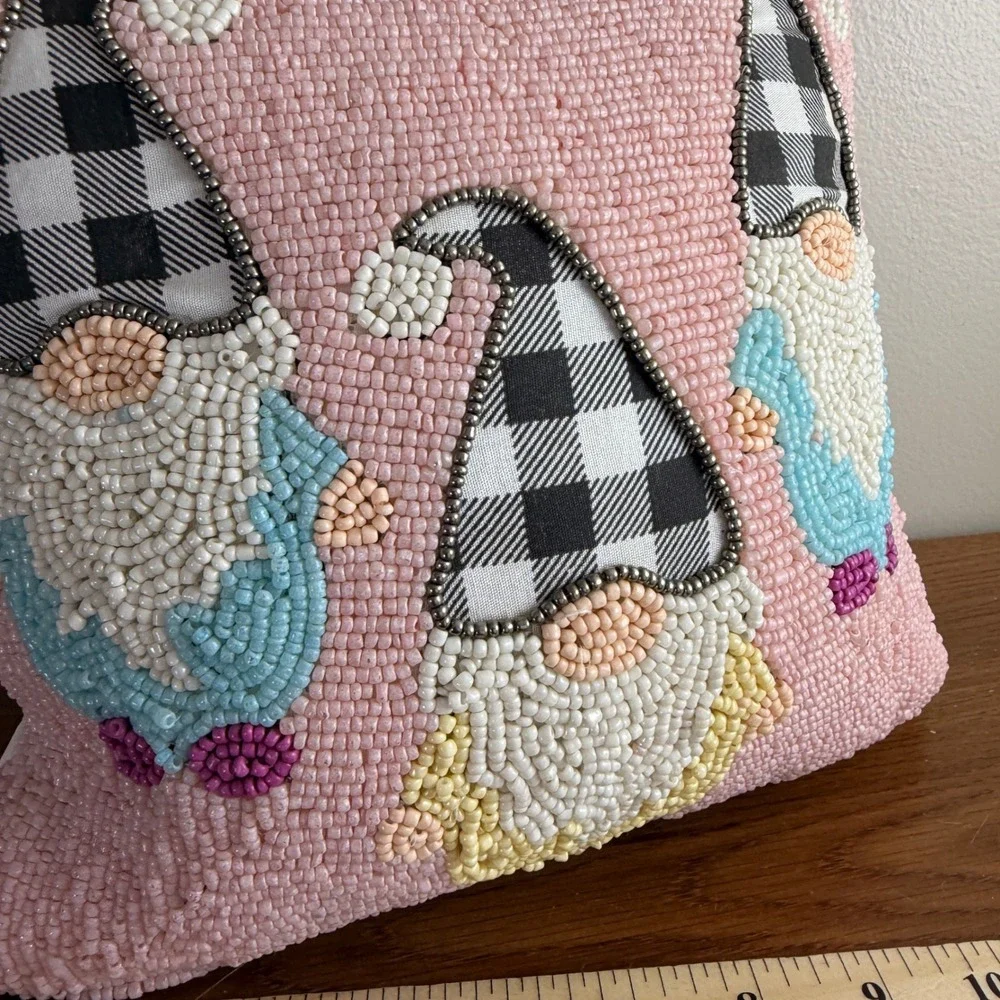 Pink Beaded Gnome Throw Pillow Buffalo Plaid Seed Bead Cottagecore Decor